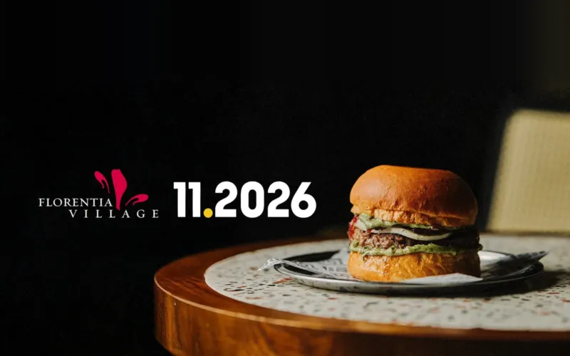 Florentia Village logosu, 11.2026 yazısı ve masada bir burger