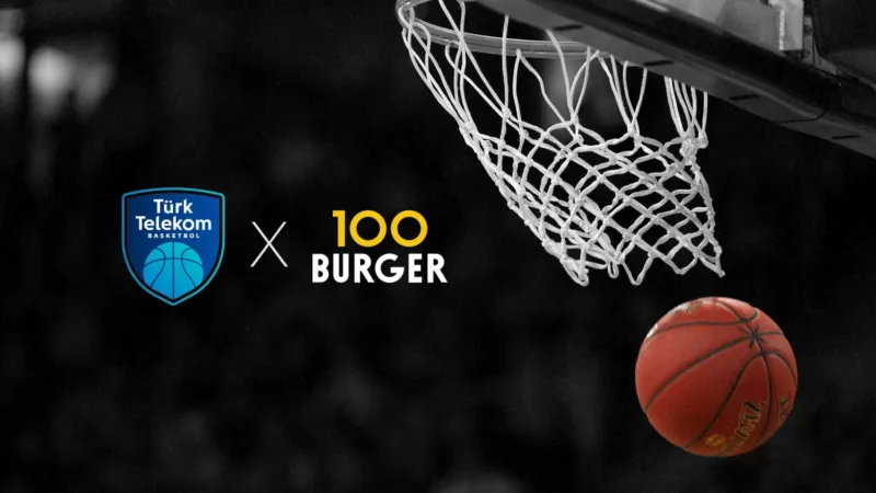 Türk Telekom Basketbol ve 100Burger logoları, pota ve basketbol topu