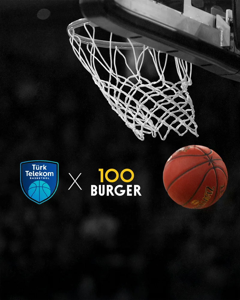 Türk Telekom Basketbol ve 100Burger logoları, pota ve basketbol topu